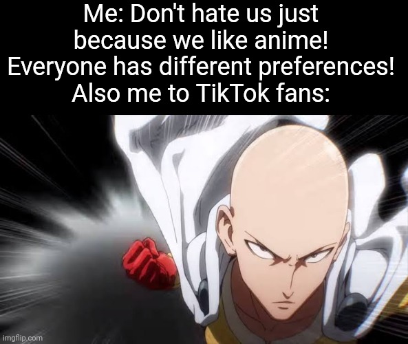 Bruh. Sorry foress posts. | Me: Don't hate us just because we like anime! Everyone has different preferences!
Also me to TikTok fans: | image tagged in bruh | made w/ Imgflip meme maker