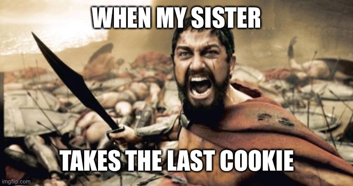 Sparta Leonidas |  WHEN MY SISTER; TAKES THE LAST COOKIE | image tagged in memes,sparta leonidas | made w/ Imgflip meme maker