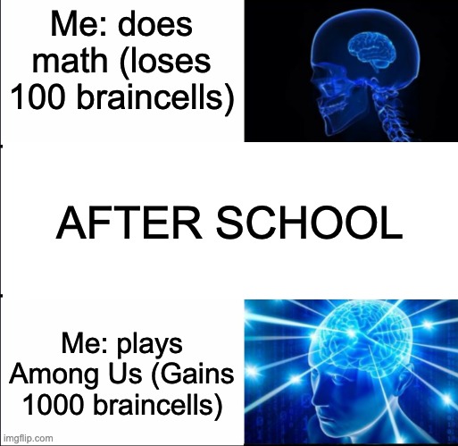 Among Us = BIGGER BRAIN | Me: does math (loses 100 braincells); AFTER SCHOOL; Me: plays Among Us (Gains 1000 braincells) | image tagged in galaxy brain 3 brains,memes,funny,among us,expanding brain,big brain time | made w/ Imgflip meme maker