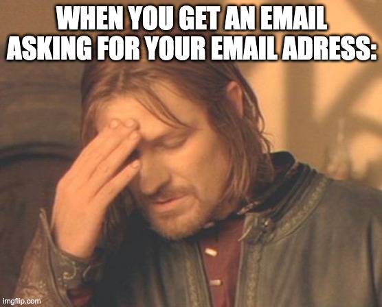 WTH! |  WHEN YOU GET AN EMAIL ASKING FOR YOUR EMAIL ADRESS: | image tagged in memes,frustrated boromir,lol,mrsus | made w/ Imgflip meme maker