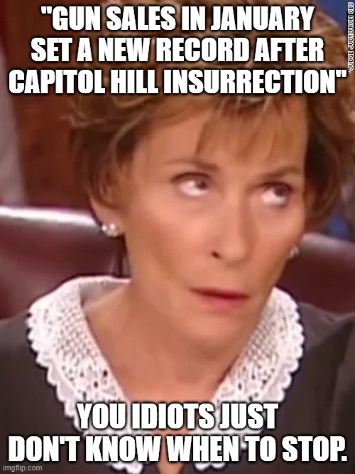 You should be required to take an IQ test & a psych eval before being allowed to have a gun. | "GUN SALES IN JANUARY SET A NEW RECORD AFTER CAPITOL HILL INSURRECTION"; YOU IDIOTS JUST DON'T KNOW WHEN TO STOP. | image tagged in judge judy,maga idiots | made w/ Imgflip meme maker