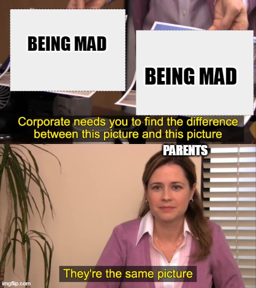 parents say the same | BEING MAD; BEING MAD; PARENTS | image tagged in there the same picture,parents | made w/ Imgflip meme maker