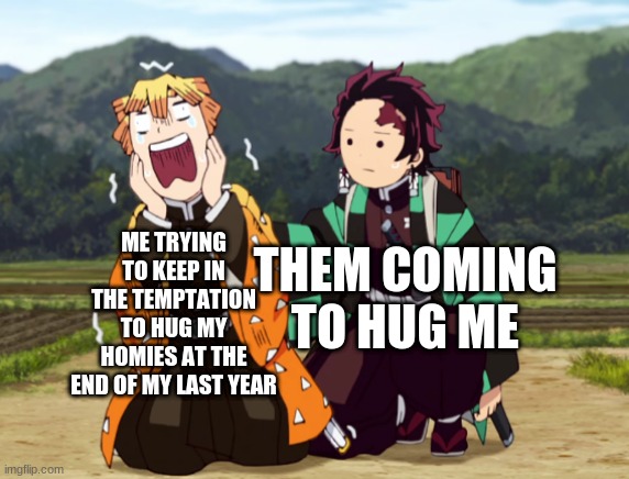 this is wholesome | THEM COMING TO HUG ME; ME TRYING TO KEEP IN THE TEMPTATION TO HUG MY HOMIES AT THE END OF MY LAST YEAR | image tagged in tanjiro and zenitsu,wholesome | made w/ Imgflip meme maker
