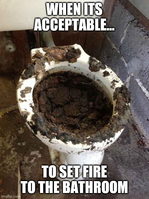 toilet | WHEN ITS ACCEPTABLE... TO SET FIRE TO THE BATHROOM | image tagged in toilet | made w/ Imgflip meme maker