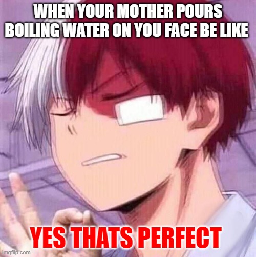 Todoroki | WHEN YOUR MOTHER POURS BOILING WATER ON YOU FACE BE LIKE; YES THATS PERFECT | image tagged in todoroki | made w/ Imgflip meme maker