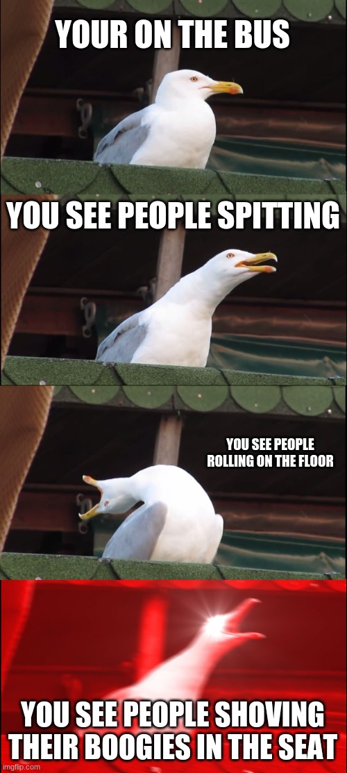 lmao | YOUR ON THE BUS; YOU SEE PEOPLE SPITTING; YOU SEE PEOPLE ROLLING ON THE FLOOR; YOU SEE PEOPLE SHOVING THEIR BOOGIES IN THE SEAT | image tagged in memes,inhaling seagull | made w/ Imgflip meme maker