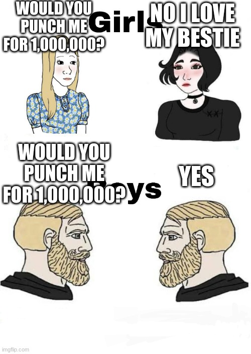 Girls vs Boys | WOULD YOU PUNCH ME FOR 1,000,000? NO I LOVE MY BESTIE; WOULD YOU PUNCH ME FOR 1,000,000? YES | image tagged in girls vs boys | made w/ Imgflip meme maker