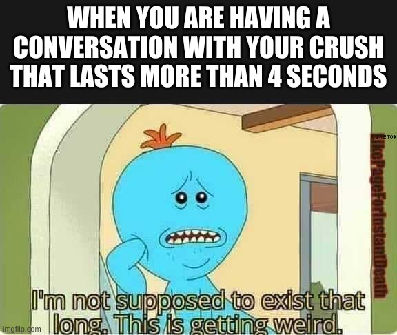 meeseeks | WHEN YOU ARE HAVING A CONVERSATION WITH YOUR CRUSH THAT LASTS MORE THAN 4 SECONDS | image tagged in meeseeks | made w/ Imgflip meme maker