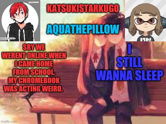 KatsukiStarkugoXAquathepillow | I STILL WANNA SLEEP; SRY WE WERENT ONLINE WHEN I CAME HOME FROM SCHOOL. MY CHROMEBOOK WAS ACTING WEIRD. | image tagged in katsukistarkugoxaquathepillow | made w/ Imgflip meme maker