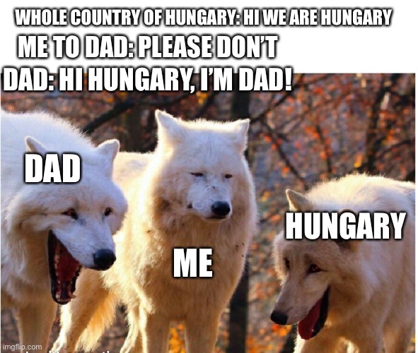 Dad Jokes | WHOLE COUNTRY OF HUNGARY: HI WE ARE HUNGARY; ME TO DAD: PLEASE DON’T; DAD: HI HUNGARY, I’M DAD! DAD; HUNGARY; ME | image tagged in laughing wolves | made w/ Imgflip meme maker