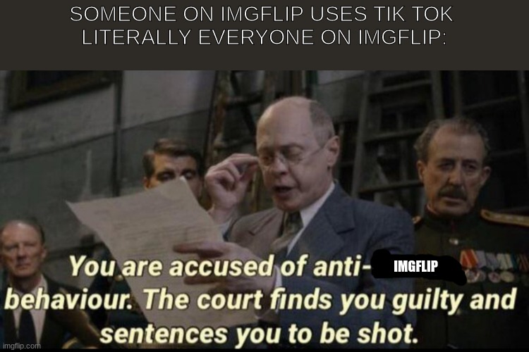 this is true | SOMEONE ON IMGFLIP USES TIK TOK 

LITERALLY EVERYONE ON IMGFLIP:; IMGFLIP | image tagged in you are accused of anti-soviet behavior | made w/ Imgflip meme maker