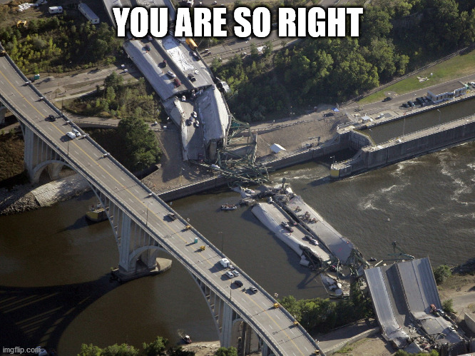 MN bridge collapse | YOU ARE SO RIGHT | image tagged in mn bridge collapse | made w/ Imgflip meme maker