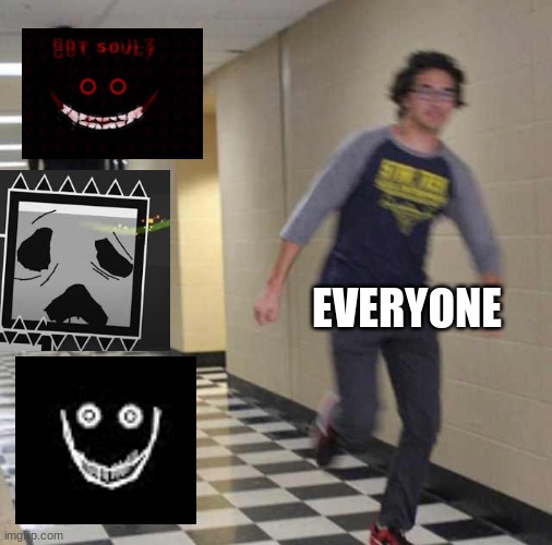 Just a normal Geometry Dash meme | EVERYONE | image tagged in floating boy chasing running boy,geometry dash | made w/ Imgflip meme maker
