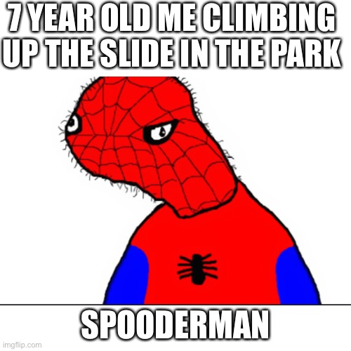 spooderman | 7 YEAR OLD ME CLIMBING UP THE SLIDE IN THE PARK; SPOODERMAN | image tagged in spooderman,lolz | made w/ Imgflip meme maker