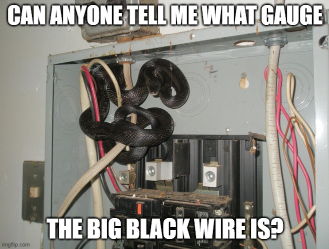 We may need an electrician... | CAN ANYONE TELL ME WHAT GAUGE; THE BIG BLACK WIRE IS? | image tagged in wires,electricity | made w/ Imgflip meme maker