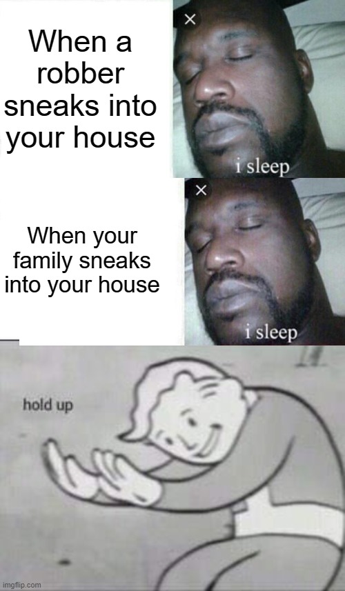 When a robber sneaks into your house; When your family sneaks into your house | image tagged in memes,sleeping shaq,fallout hold up | made w/ Imgflip meme maker