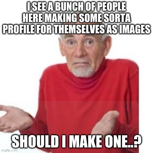 Im confused | I SEE A BUNCH OF PEOPLE HERE MAKING SOME SORTA PROFILE FOR THEMSELVES AS IMAGES; SHOULD I MAKE ONE..? | image tagged in i guess ill die | made w/ Imgflip meme maker