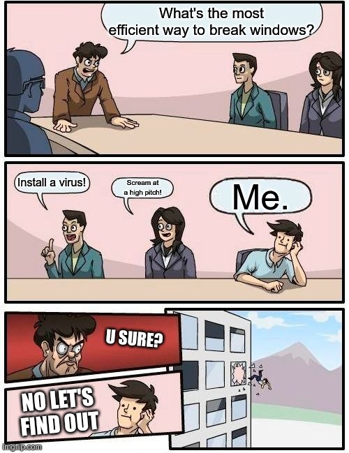 Boardroom Meeting Suggestion | What's the most efficient way to break windows? Install a virus! Scream at a high pitch! Me. U SURE? NO LET'S FIND OUT | image tagged in memes,boardroom meeting suggestion | made w/ Imgflip meme maker