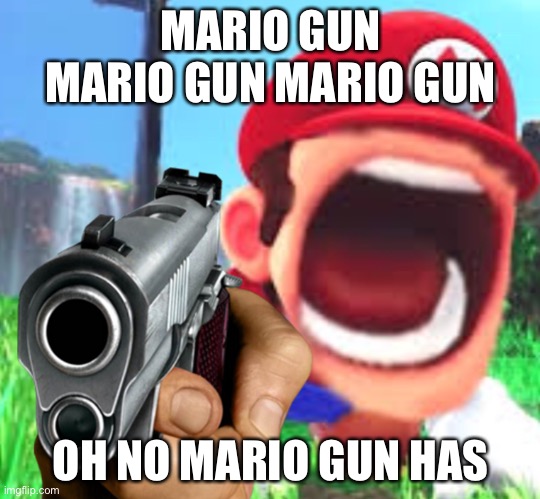 Mario gun | MARIO GUN MARIO GUN MARIO GUN; OH NO MARIO GUN HAS | image tagged in gun,mario,nintendo | made w/ Imgflip meme maker
