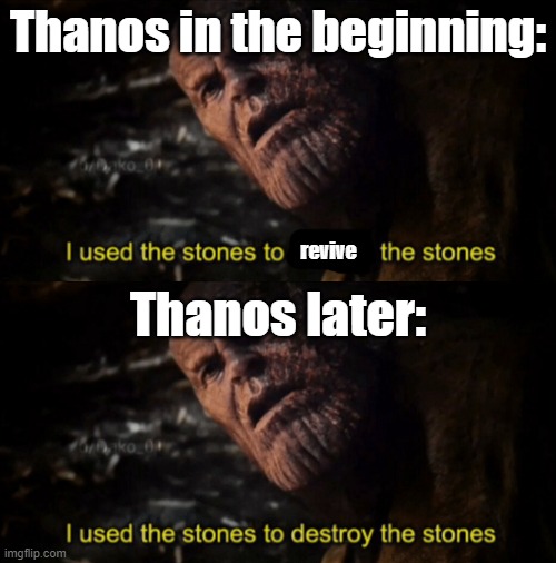 Make up your mind dude! | Thanos in the beginning:; revive; Thanos later: | image tagged in i used the stones to destroy the stones,bruh moment | made w/ Imgflip meme maker