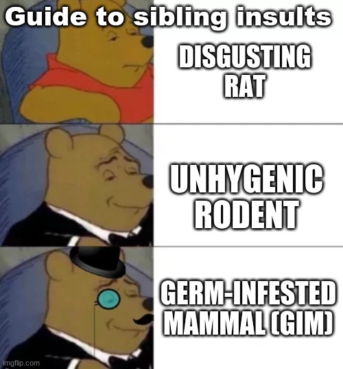 Nuthin' much | Guide to sibling insults; DISGUSTING RAT; UNHYGENIC RODENT; GERM-INFESTED MAMMAL (GIM) | image tagged in fancy pooh | made w/ Imgflip meme maker