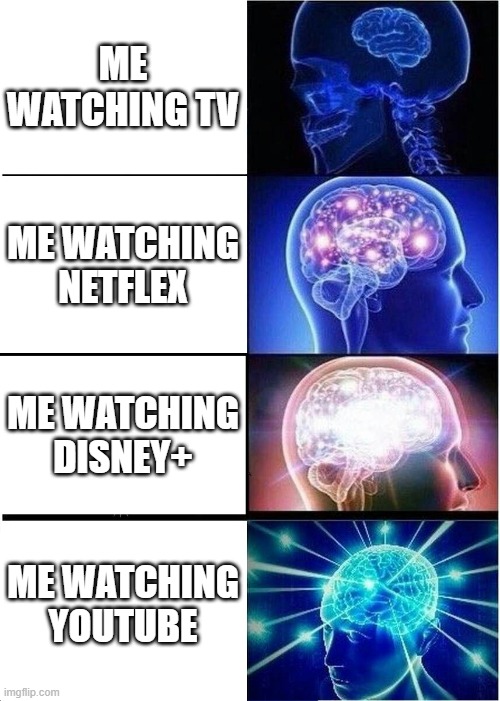 Expanding Brain | ME WATCHING TV; ME WATCHING NETFLEX; ME WATCHING DISNEY+; ME WATCHING YOUTUBE | image tagged in memes,expanding brain | made w/ Imgflip meme maker