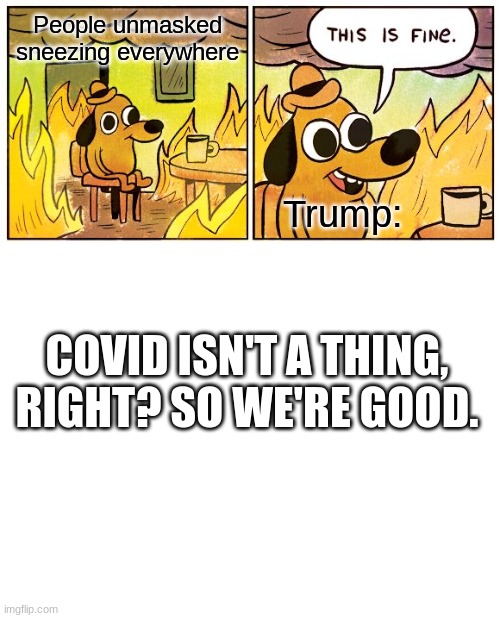 This is fine! | People unmasked sneezing everywhere; Trump:; COVID ISN'T A THING, RIGHT? SO WE'RE GOOD. | image tagged in memes,this is fine,blank white template,covid,fire,not a thing | made w/ Imgflip meme maker