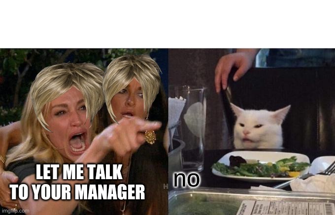 Woman Yelling At Cat | LET ME TALK TO YOUR MANAGER; no | image tagged in memes,woman yelling at cat | made w/ Imgflip meme maker
