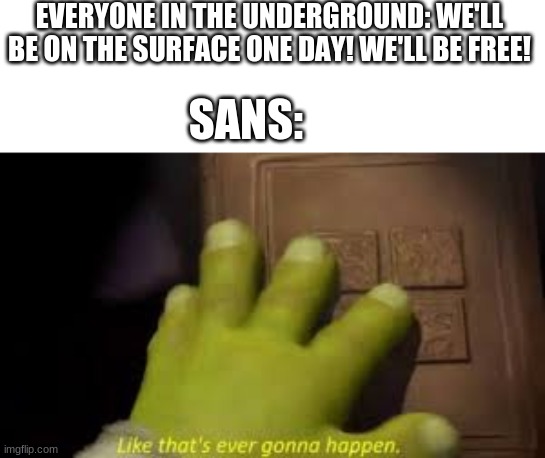 sans, you party pooper. | EVERYONE IN THE UNDERGROUND: WE'LL BE ON THE SURFACE ONE DAY! WE'LL BE FREE! SANS: | image tagged in shrek book closing mene | made w/ Imgflip meme maker
