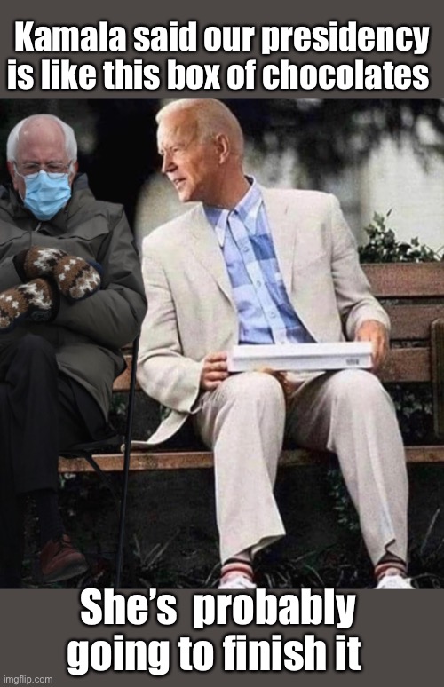 Forest Biden | Kamala said our presidency is like this box of chocolates; She’s  probably going to finish it | image tagged in forest gump,bernie sanders,joe biden,memes,politics lol,kamala harris | made w/ Imgflip meme maker