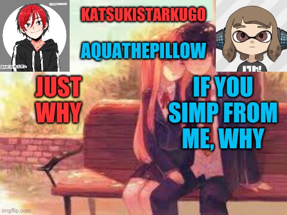 KatsukiStarkugoXAquathepillow | JUST WHY; IF YOU SIMP FROM ME, WHY | image tagged in katsukistarkugoxaquathepillow | made w/ Imgflip meme maker