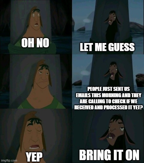 Those people... | OH NO; LET ME GUESS; PEOPLE JUST SENT US EMAILS THIS MORNING AND THEY ARE CALLING TO CHECK IF WE RECEIVED AND PROCESSED IT YET? BRING IT ON; YEP | image tagged in emperor's new groove waterfall | made w/ Imgflip meme maker
