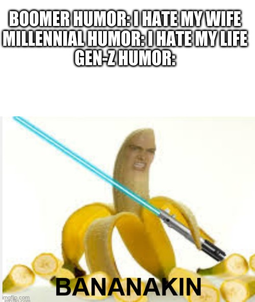 BOOMER HUMOR: I HATE MY WIFE
MILLENNIAL HUMOR: I HATE MY LIFE
GEN-Z HUMOR: | image tagged in blank white template | made w/ Imgflip meme maker