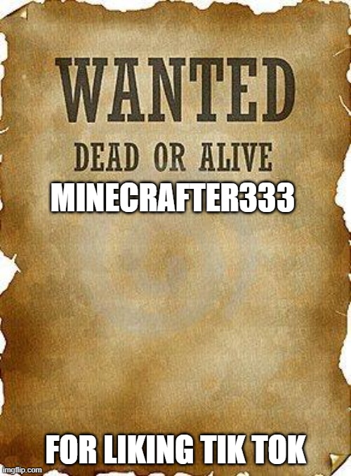 wanted dead or alive | MINECRAFTER333; FOR LIKING TIK TOK | image tagged in wanted dead or alive | made w/ Imgflip meme maker