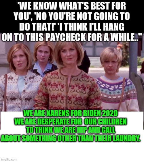 yep | WE ARE KARENS FOR BIDEN 2020 WE ARE DESPERATE FOR  OUR CHILDREN TO THINK WE ARE HIP AND CALL ABOUT SOMETHING OTHER THAN THEIR LAUNDRY. | image tagged in democrat karens,socialism | made w/ Imgflip meme maker