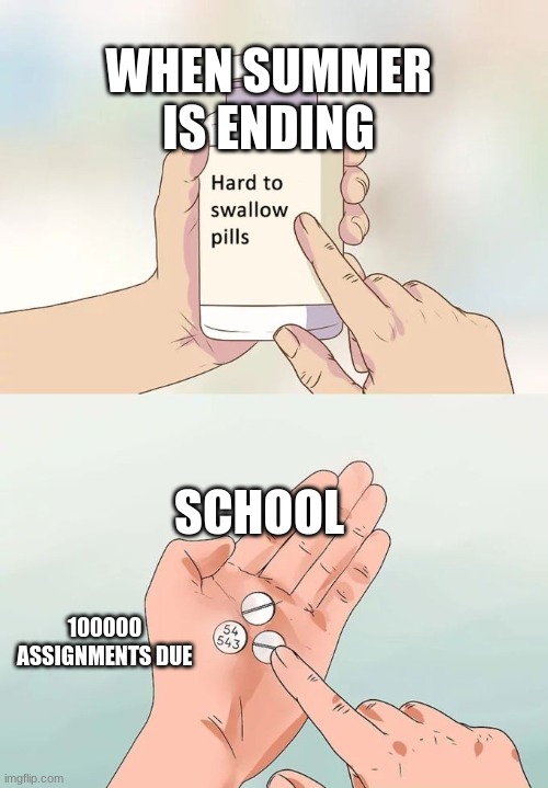 hard to swallow | WHEN SUMMER IS ENDING; SCHOOL; 100000 ASSIGNMENTS DUE | image tagged in memes,hard to swallow pills | made w/ Imgflip meme maker