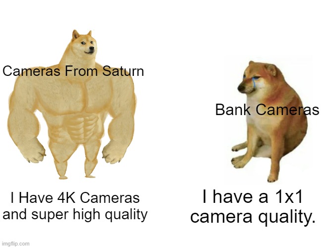 So Hekin True | Cameras From Saturn; Bank Cameras; I Have 4K Cameras and super high quality; I have a 1x1 camera quality. | image tagged in memes,buff doge vs cheems | made w/ Imgflip meme maker