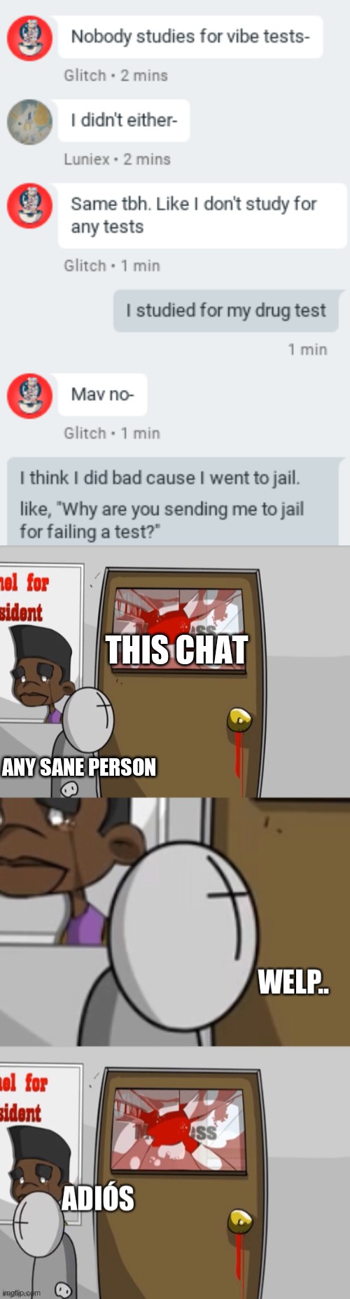 THIS CHAT; ANY SANE PERSON | image tagged in welp adios | made w/ Imgflip meme maker