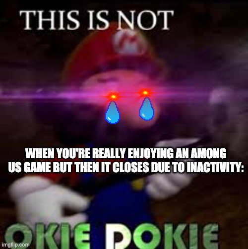 This is not okie dokie | WHEN YOU'RE REALLY ENJOYING AN AMONG US GAME BUT THEN IT CLOSES DUE TO INACTIVITY: | image tagged in this is not okie dokie | made w/ Imgflip meme maker