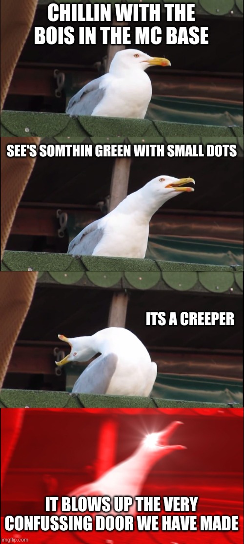 Awwwww man its a Creeepa | CHILLIN WITH THE BOIS IN THE MC BASE; SEE'S SOMTHIN GREEN WITH SMALL DOTS; ITS A CREEPER; IT BLOWS UP THE VERY CONFUSSING DOOR WE HAVE MADE | image tagged in memes,inhaling seagull | made w/ Imgflip meme maker