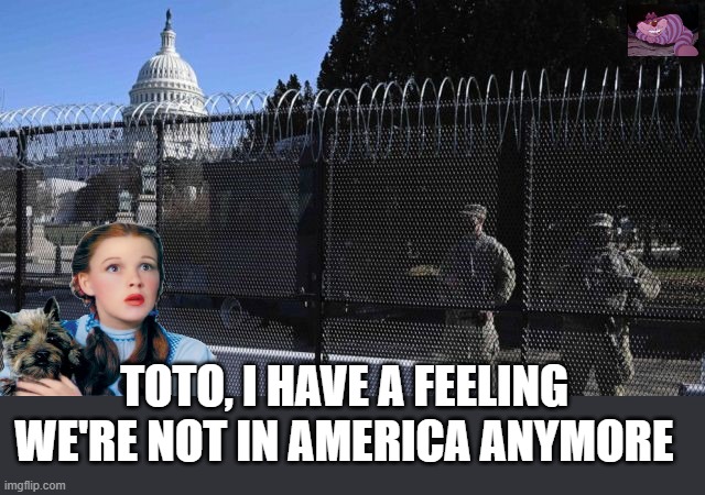 Why does the "most popular" President in history need 25,000 troops to protect him from the people? | TOTO, I HAVE A FEELING WE'RE NOT IN AMERICA ANYMORE | image tagged in oz | made w/ Imgflip meme maker
