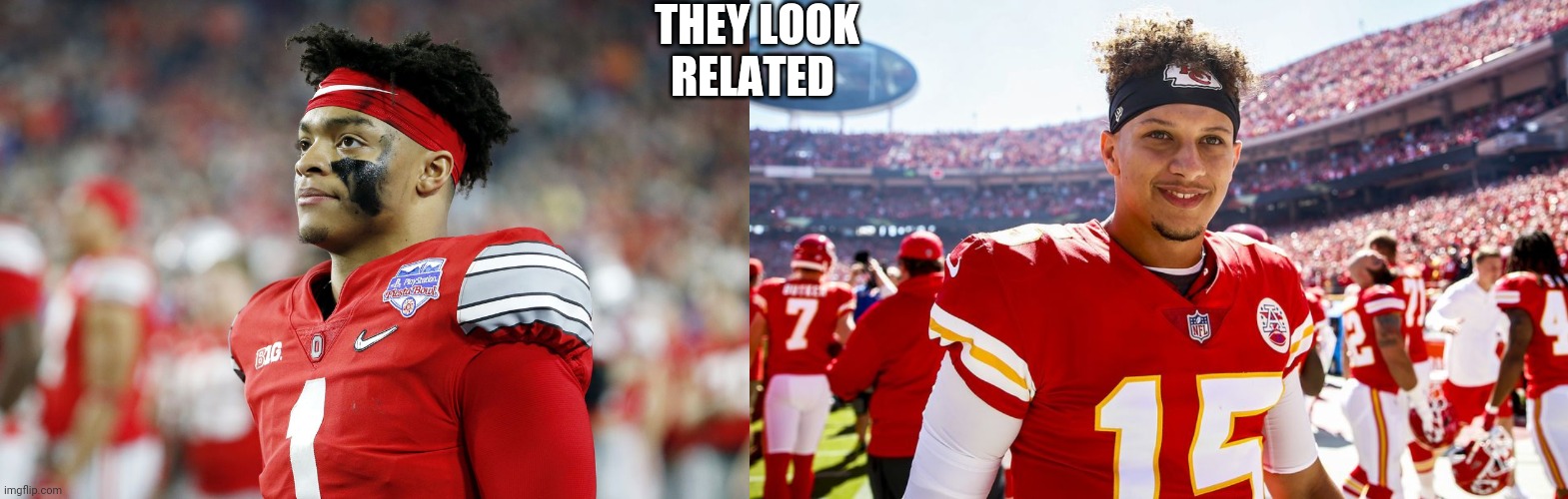 THEY LOOK RELATED | image tagged in dispointed,patrick mahomes smiling | made w/ Imgflip meme maker