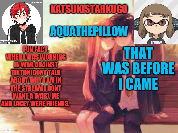 KatsukiStarkugoXAquathepillow | FUN FACT. WHEN I WAS WORKING IN WAR AGAINST TIKTOK(DONT TALK ABOUT WHY I AM IN THE STREAM I DONT WANT A WAR), ME AND LACEY WERE FRIENDS. THAT WAS BEFORE I CAME | image tagged in katsukistarkugoxaquathepillow | made w/ Imgflip meme maker