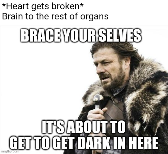 It's going to get dark real quick | *Heart gets broken*
Brain to the rest of organs; BRACE YOUR SELVES; IT'S ABOUT TO GET TO GET DARK IN HERE | image tagged in memes,brace yourselves x is coming,funny,broken heart | made w/ Imgflip meme maker
