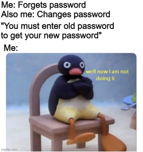 Fr tho, I think Insta does this if you want to change it. |  Me: Forgets password
Also me: Changes password; "You must enter old password to get your new password"; Me: | image tagged in well now i am not doing it,memes,relatable | made w/ Imgflip meme maker
