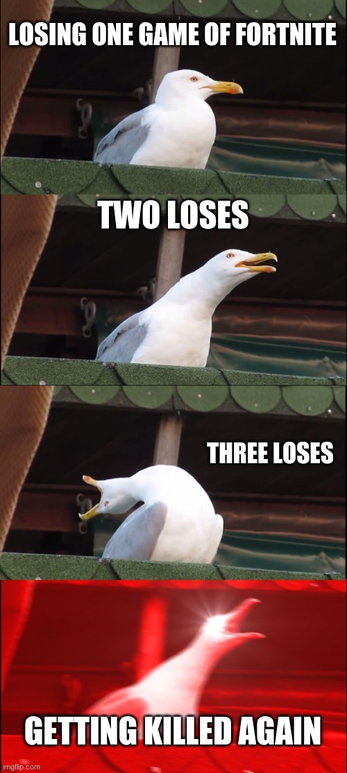 fortninte be making me rage | LOSING ONE GAME OF FORTNITE; TWO LOSES; THREE LOSES; GETTING KILLED AGAIN | image tagged in memes,inhaling seagull | made w/ Imgflip meme maker