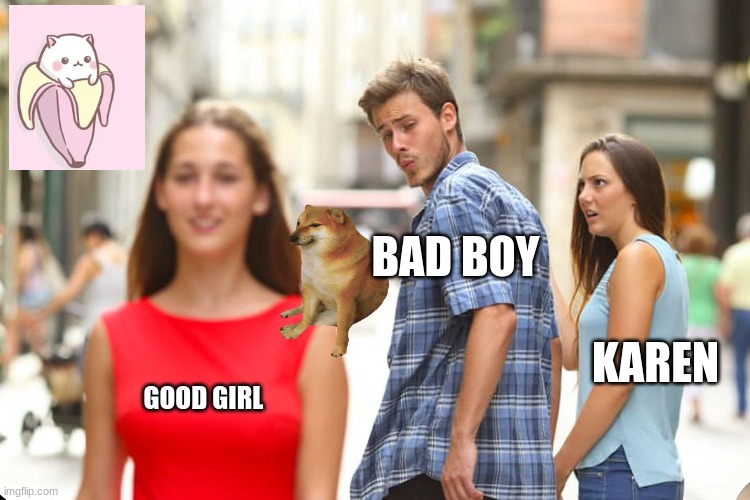 why!!!!!!!!! | BAD BOY; KAREN; GOOD GIRL | image tagged in memes,distracted boyfriend | made w/ Imgflip meme maker