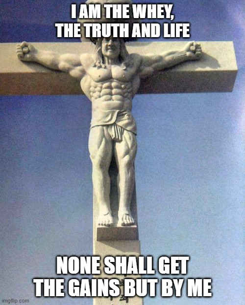 Swole Jesus the Whey | I AM THE WHEY, THE TRUTH AND LIFE; NONE SHALL GET THE GAINS BUT BY ME | image tagged in swole jesus | made w/ Imgflip meme maker