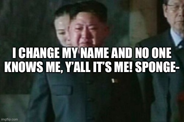 ;v; | I CHANGE MY NAME AND NO ONE KNOWS ME, Y’ALL IT’S ME! SPONGE- | image tagged in memes,kim jong un sad | made w/ Imgflip meme maker