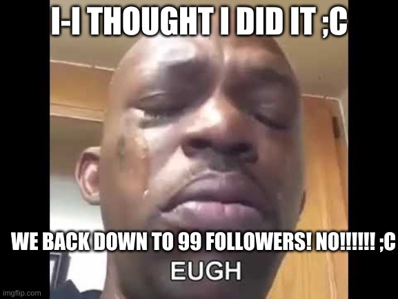 NO!!!!!!!!!!!!!!!! | I-I THOUGHT I DID IT ;C; WE BACK DOWN TO 99 FOLLOWERS! NO!!!!!! ;C | image tagged in why c | made w/ Imgflip meme maker